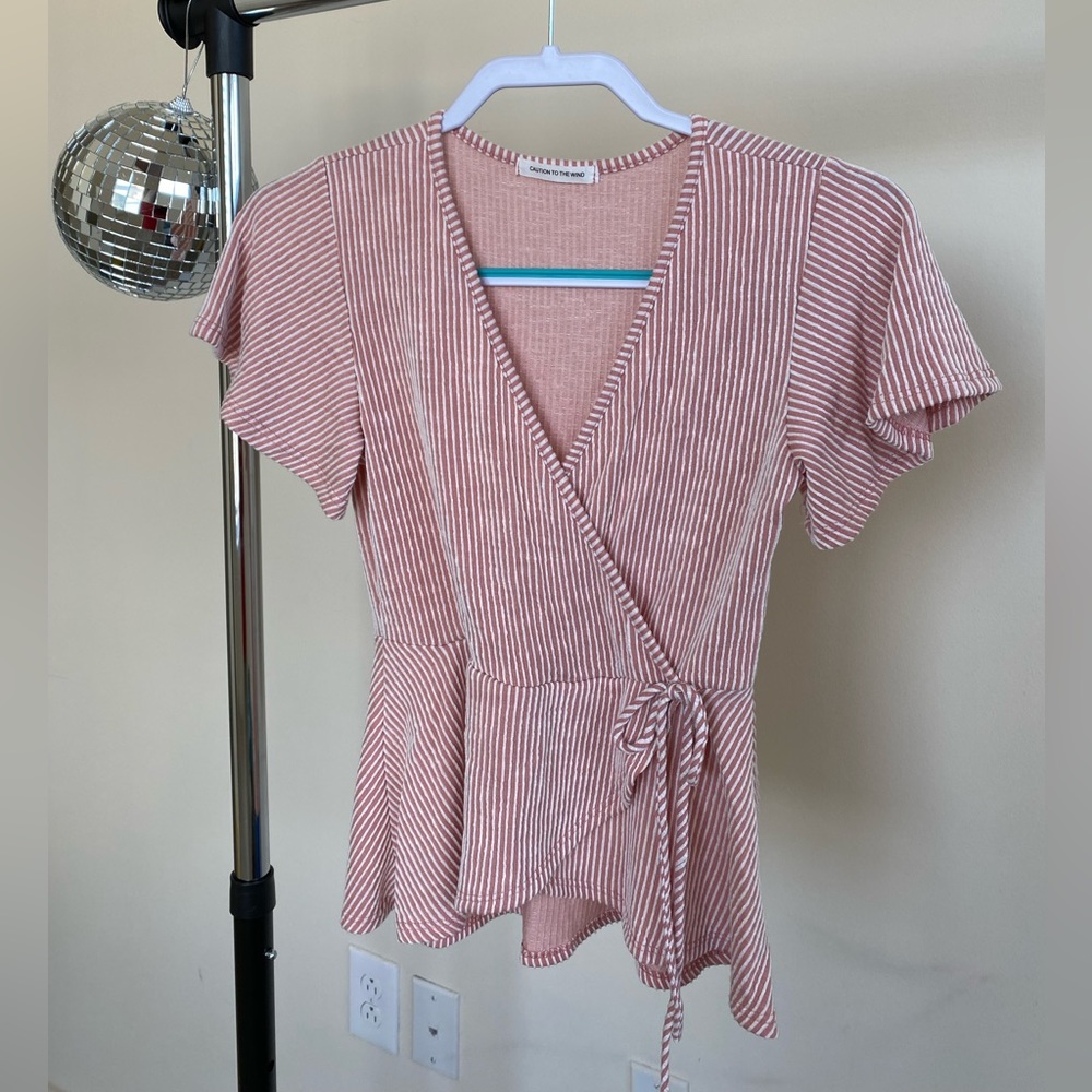 Pink striped wrap top Size S